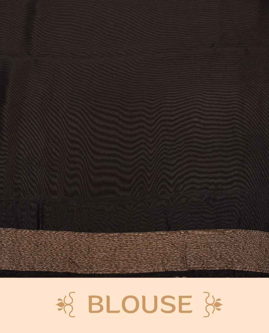 Black colour semi banaras tussar georgette saree featuring antique gold zari buttas on body, temple pattern on border and floral pattern on pallu, paired with matching blouse piece.