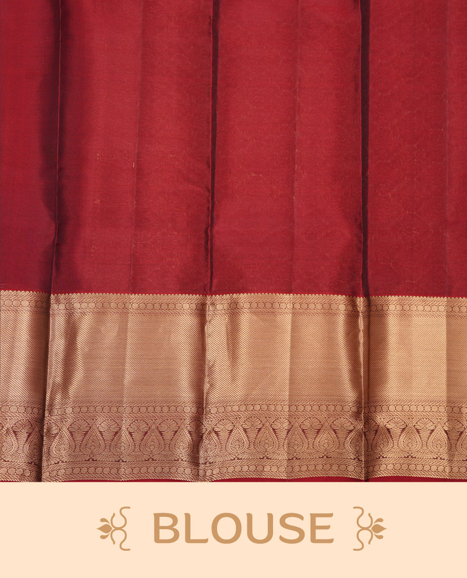 Lavender colour soft silk saree featuring gold zari motifs on the body, complemented by a contrast Red traditional zari border and pallu, paired with a matching blouse piece.