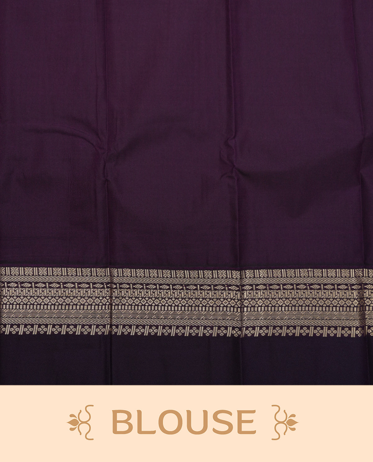 Sandal colour soft silk saree featuring gold zari buttas on body, contrast dark purple colour with gold zari half traditional border, grand pallu comes with matching blouse piece.