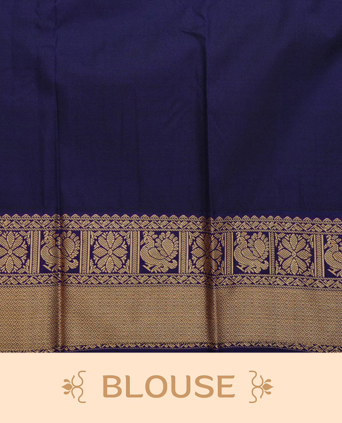Orange and grey colour soft silk saree featuring gold zari buttas & checks on body, contrast navy blue colour detailed floral & peacock motifs on border, with grand pallu comes with matching blouse piece.