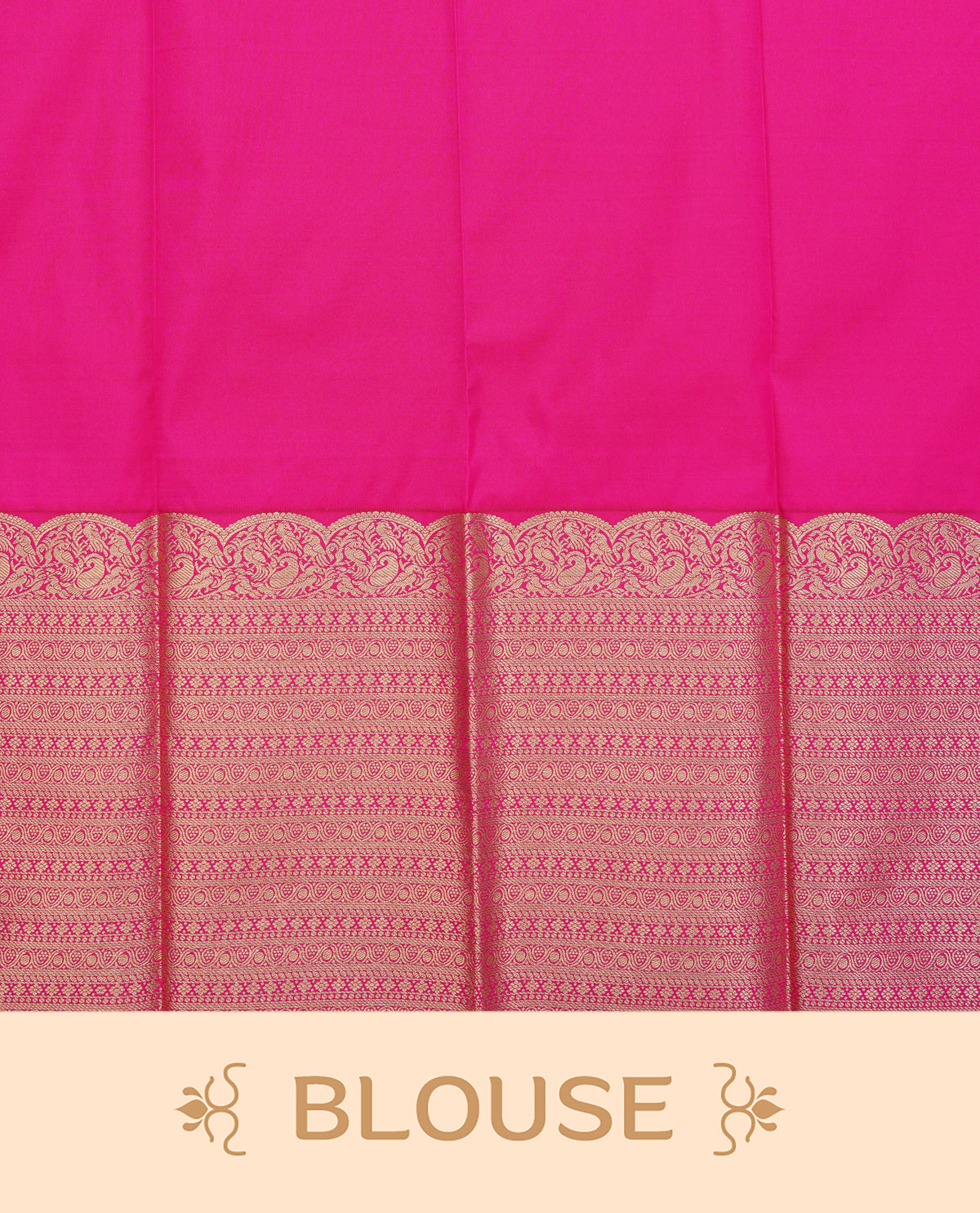 Magenta colour soft silk saree featuring gold zari checks with buttas on body, contrast by self colour gold zari peacock traditional border, grand pallu comes with matching blouse piece.