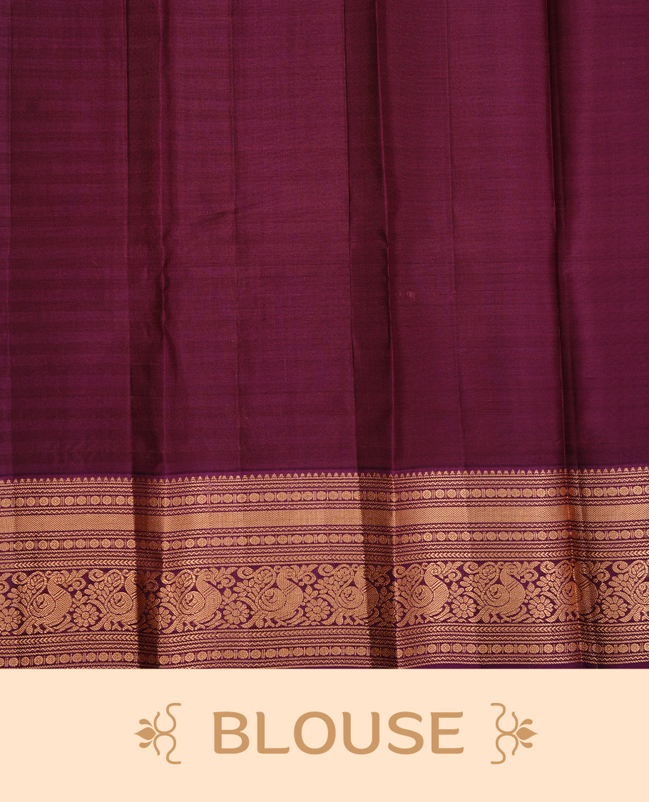 Lavender & Purple colour traditional kancheepuram silk saree featuring gold zari check pattern on body, complemented by contrast purple colour with gold zari traditional border, paired with matching blouse piece.