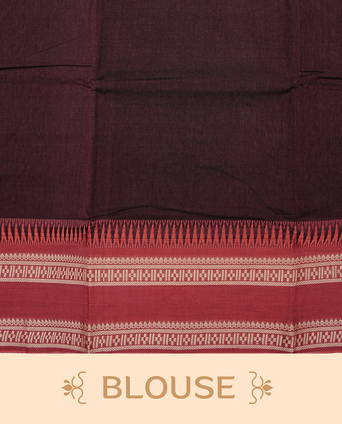 Dark Wine colour Narayanapattu cotton saree with a plain body, complemented by a Red Colour with Beige colour border & contrast pallu, paired with a matching blouse piece.