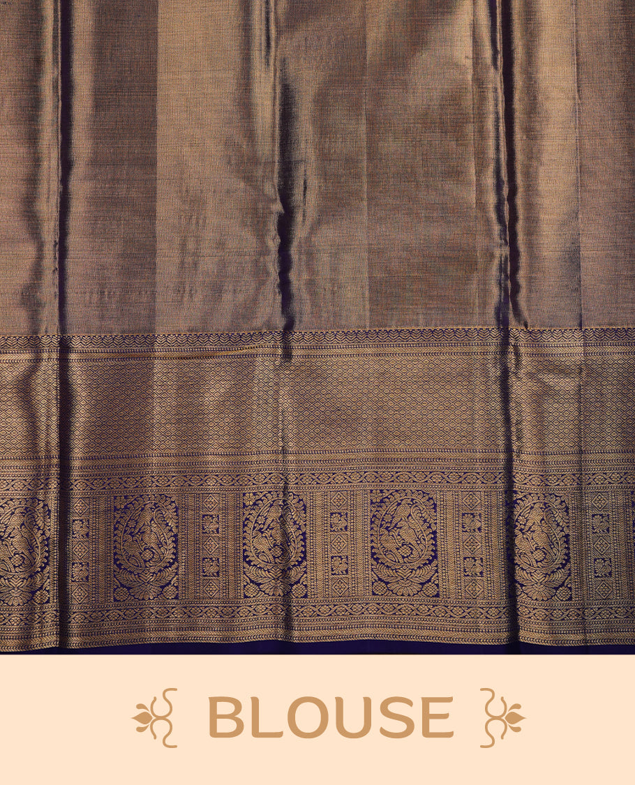 Gold & aqua double shade kancheepuram tissue silk saree featuring gold zari floral kodi pattern on body, complemented by contrast indigo colour with traditional border, paired with matching blouse piece.