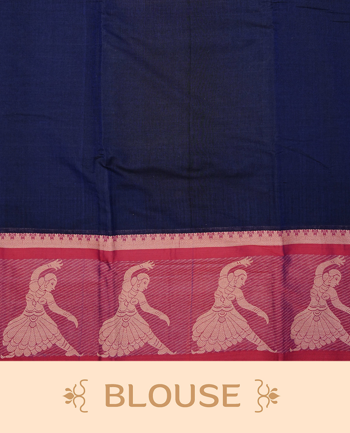 Navy blue Colour Narayanapattu Cotton Saree with a Plain Body, featuring  maroon with Contrast Beige Dancing Lady Motifs on Border and Contrast pallu. Paired with a Matching  blouse piece.