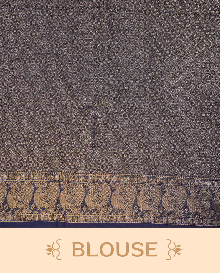 Navy blue colour semi soft silk saree featuring gold zari motifs on across body, self colour border with traditional gold zari pattern, pallu and paired with matching blouse.