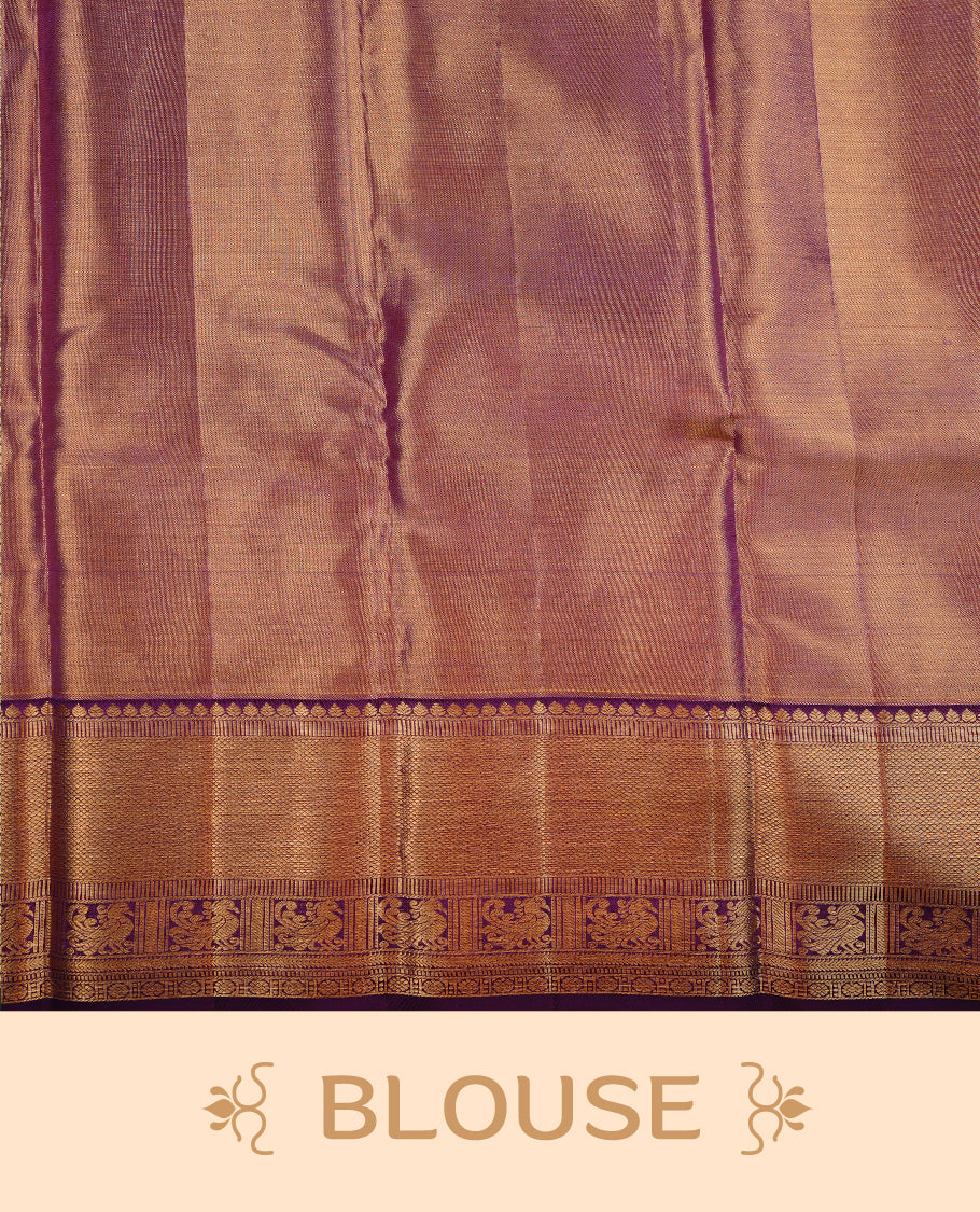 Gold & indigo double shade colour kancheepuram tissue silk saree featuring gold zari floral kodi pattern on body, complemented by contrast indigo colour with traditional border, paired with matching blouse piece.