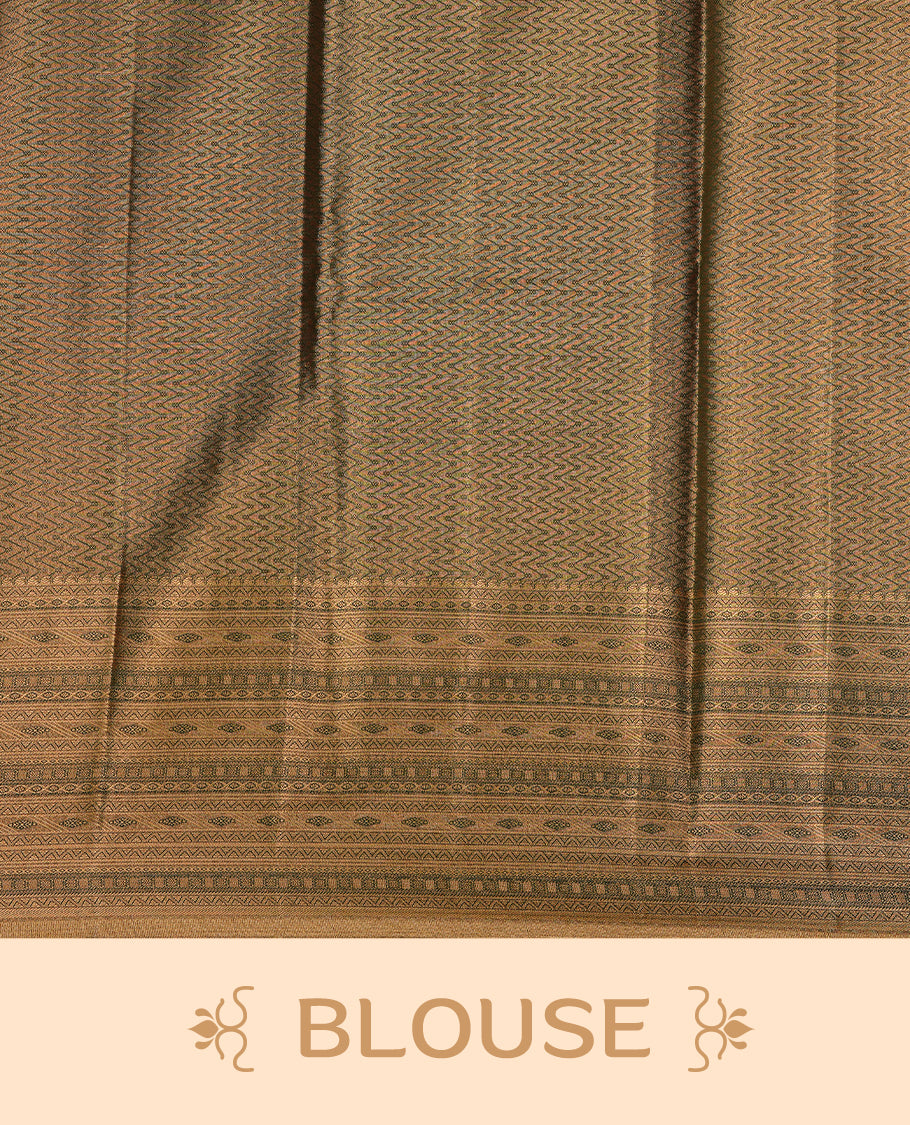Green & Gold double shade colour semi tissue silk saree featuring gold zari pattern on body, selfcolour with gold zari traditional border, paired with matching blouse piece.