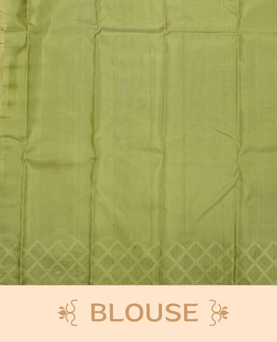 Light mehandi colour Vasundhara silk saree adorned with all-over gold square motifs on the body, complemented by a self colour with green Box pattern border and paired with a matching blouse piece.