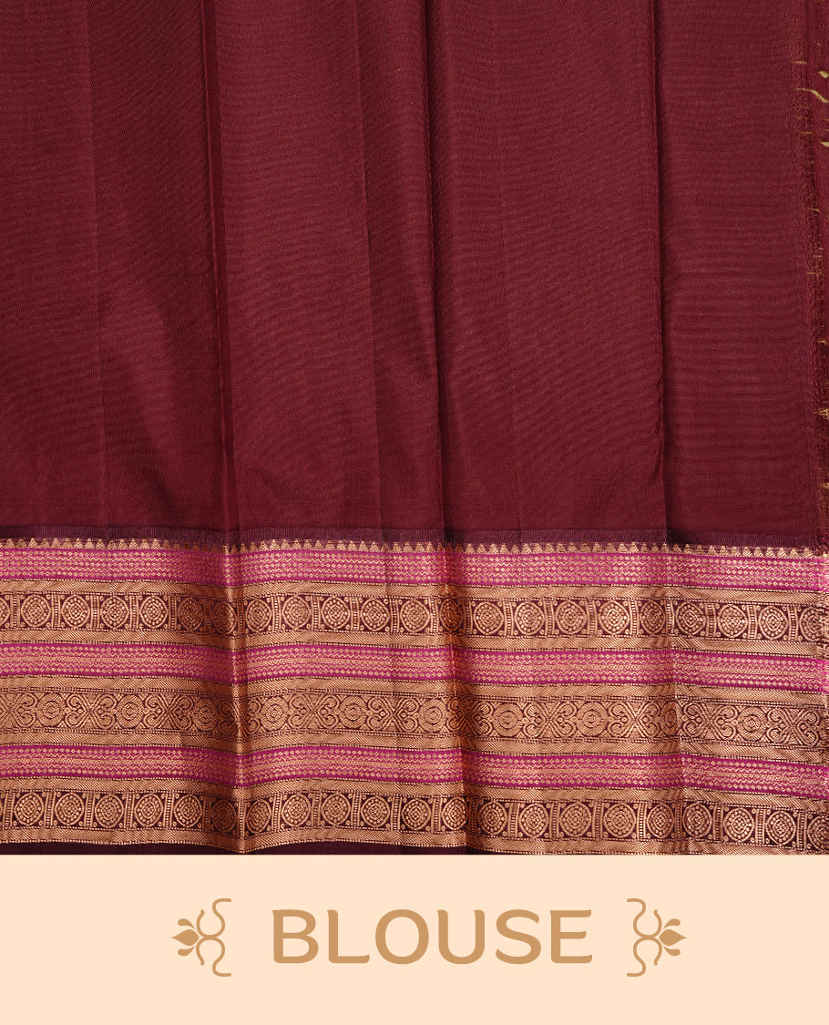Spanish olive colour traditional kancheepuram silk saree featuring gold zari check pattern on body, complemented by contrast Maroon & magenta colour with gold zari traditional border, paired with matching blouse piece.