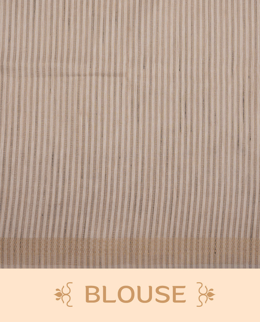 Beige colour Tussar silk saree featuring Elegant plain body, highlighting Brown colour cut work with Light gold zari border, pallu and paired with matching blouse piece.