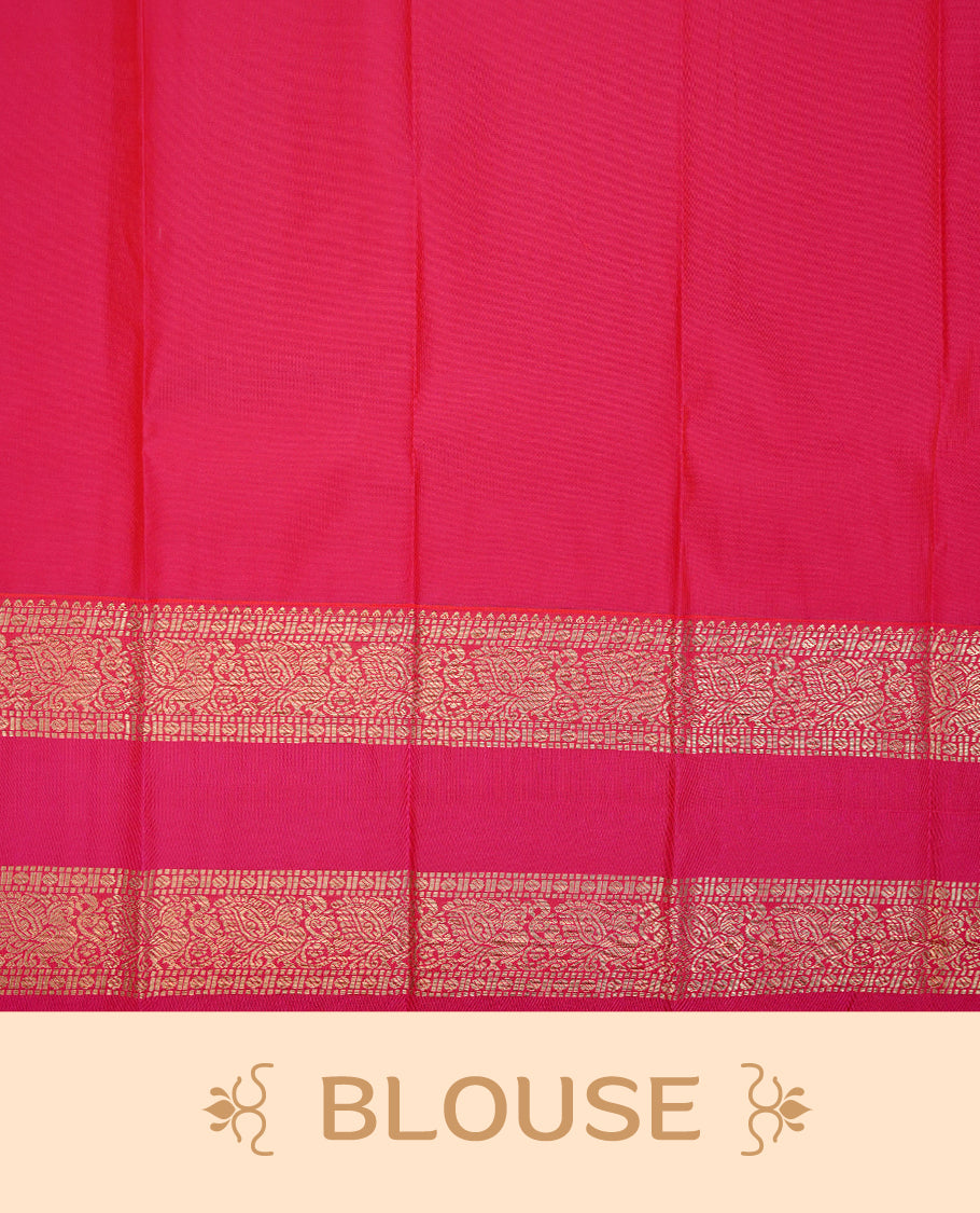 Old gold coloured soft silk saree featuring gold zari stripes and motifs across the body, enhanced with a contrast Magenta border and pallu, paired with a matching contrast blouse piece.