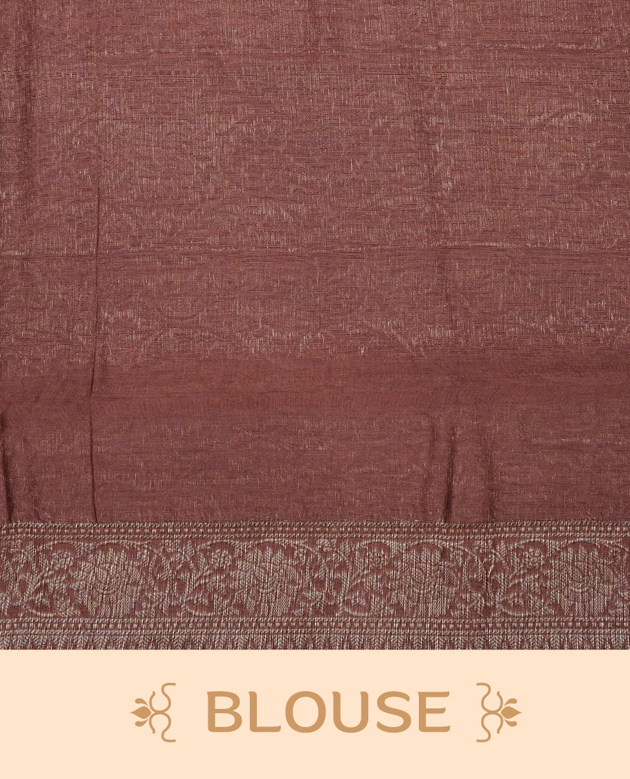 Brown colour Tussar Silk saree featuring elegant antique zari butta motifs on Body , complemented by a self-coloured floral Gold zari border and pallu, paired with a matching blouse piece.