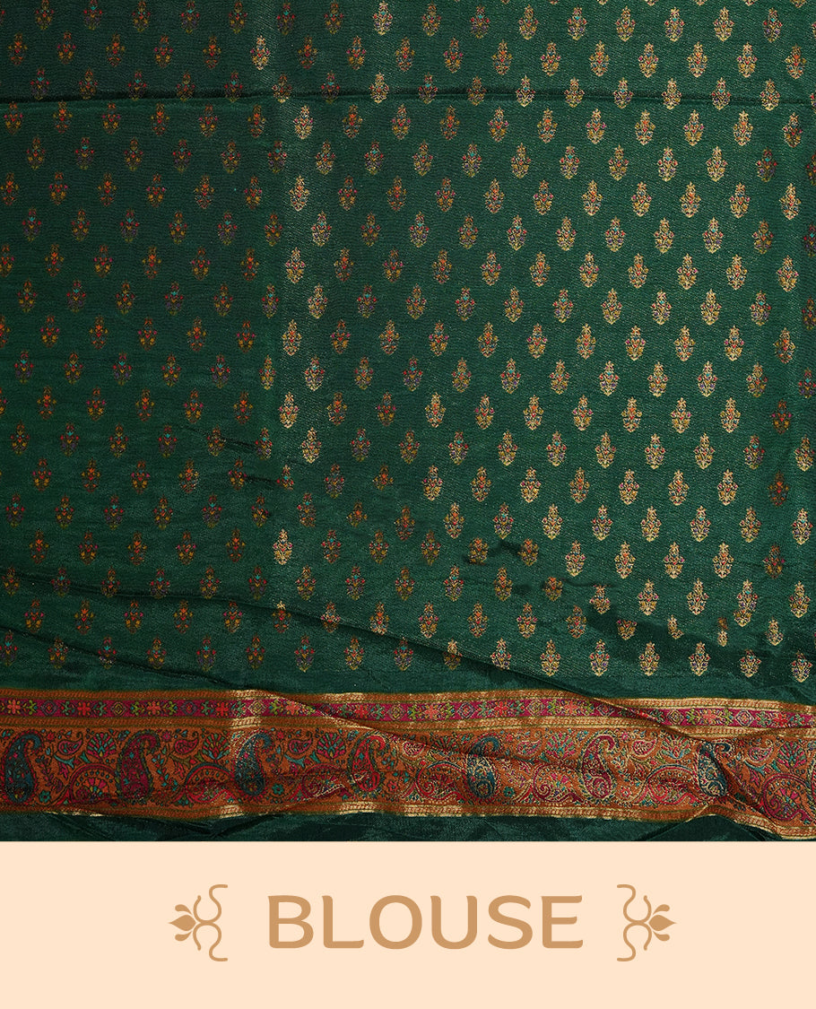 Indigo colour Pashmina silk saree densely woven with intricate multicolour floral and architectural motifs across the body, framed by an opulent arabesque border and grand storytelling pallu, paired with a matching black woven border blouse piece