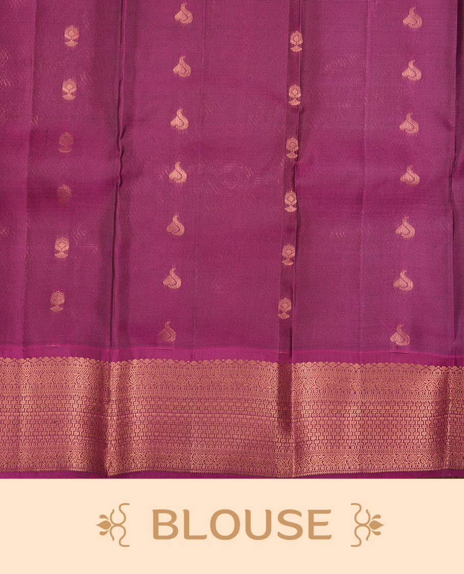 Navy blue colour Soft silk saree featuring gold zari motifs on the body, complemented by a contrast magenta traditional zari border and pallu, paired with a matching blouse piece.