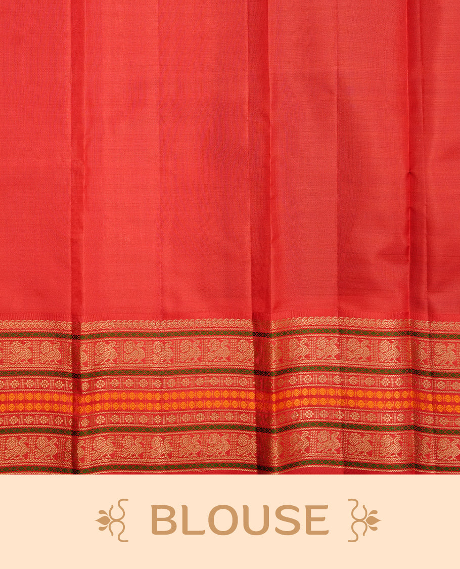 Indigo & green  colour traditional kancheepuram silk saree featuring gold zari check pattern on body, complemented by contrast red colour with gold zari traditional border, paired with matching blouse piece.
