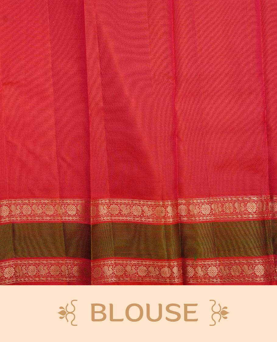 Light Olive colour traditional kancheepuram silk saree featuring gold zari check pattern on body, complemented by contrast red colour with gold zari traditional border, paired with matching blouse piece.