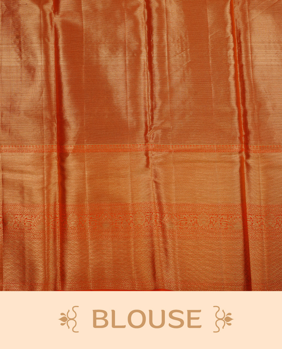 Gold & orange double shade colour kancheepuram tissue silk saree featuring gold zari floral kodi pattern on body, complemented by contrast orange colour with traditional border, paired with matching blouse piece.