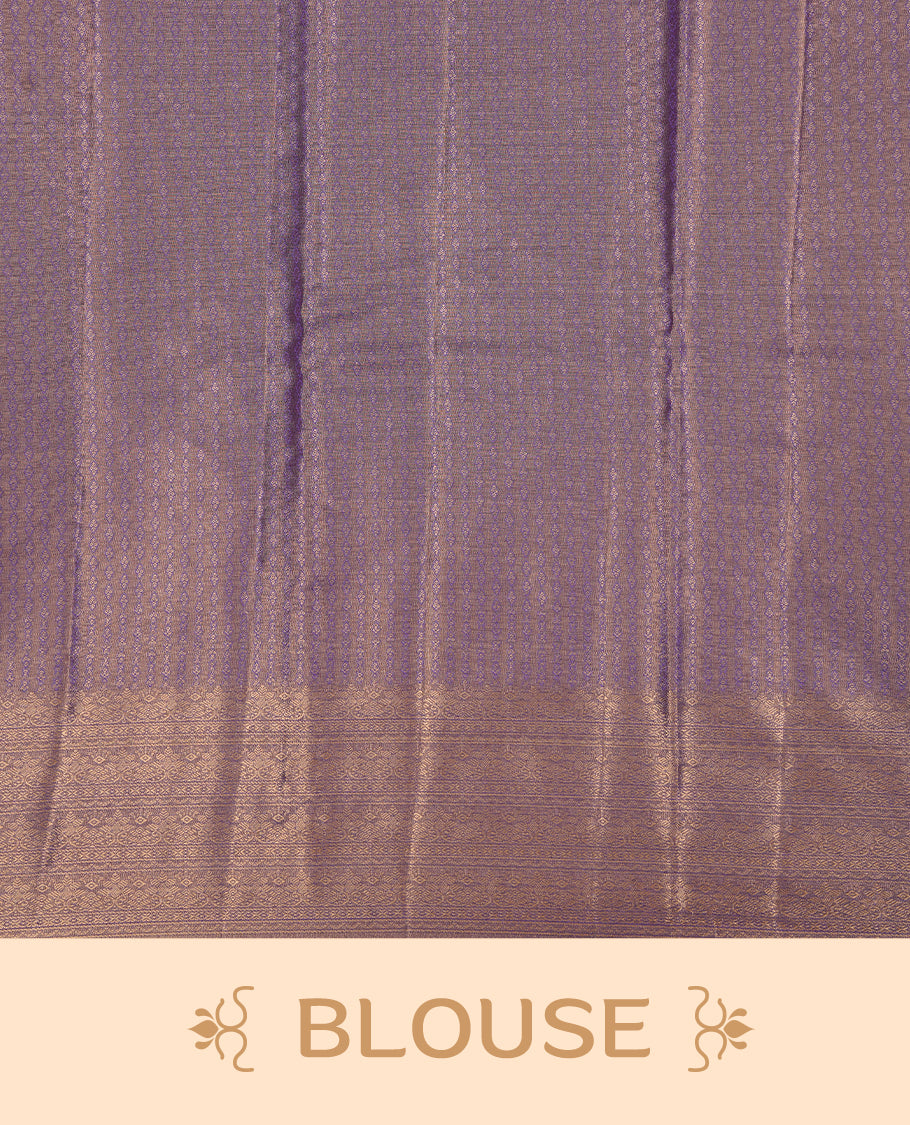 Purple & Gold colour semi tissue silk saree featuring gold zari pattern on body, self colour with gold zari traditional border, paired with matching blouse piece.
