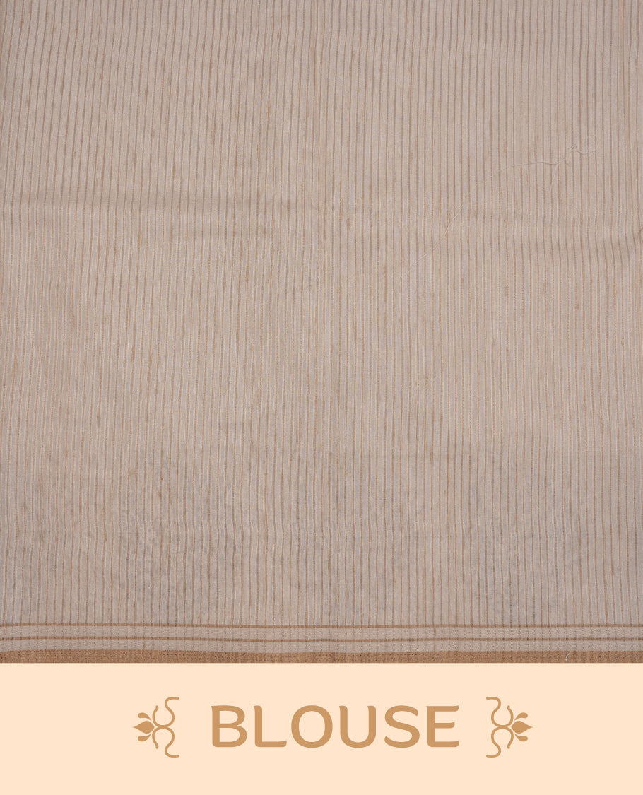Beige colour Tussar silk saree featuring Elegant plain body, highlighting Grey colour Leaf cut work with Light gold zari border, pallu and paired with matching blouse piece.