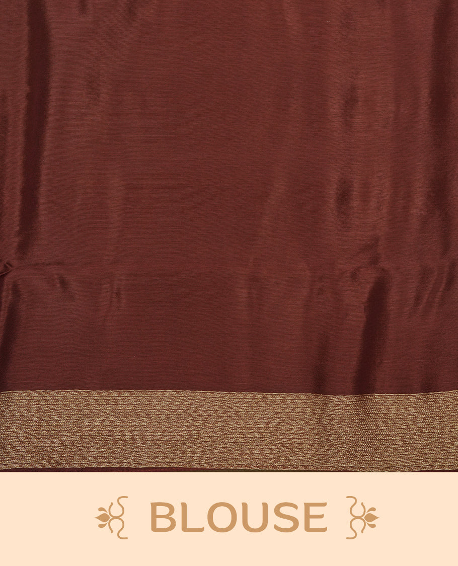 Chocolate Brown colour semi banaras tussar georgette saree featuring antique gold zari buttas on body, temple pattern on border and floral pattern on pallu, paired with matching blouse piece.