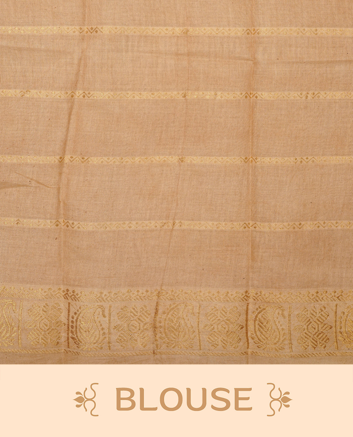 Bottle Green Colour Sungudi Cotton Saree with peacock gold zari stripes on the body, a matching gold zari border, and a striped gold zari pallu. Paired with a contrast Beige blouse piece  featuring gold zari work.