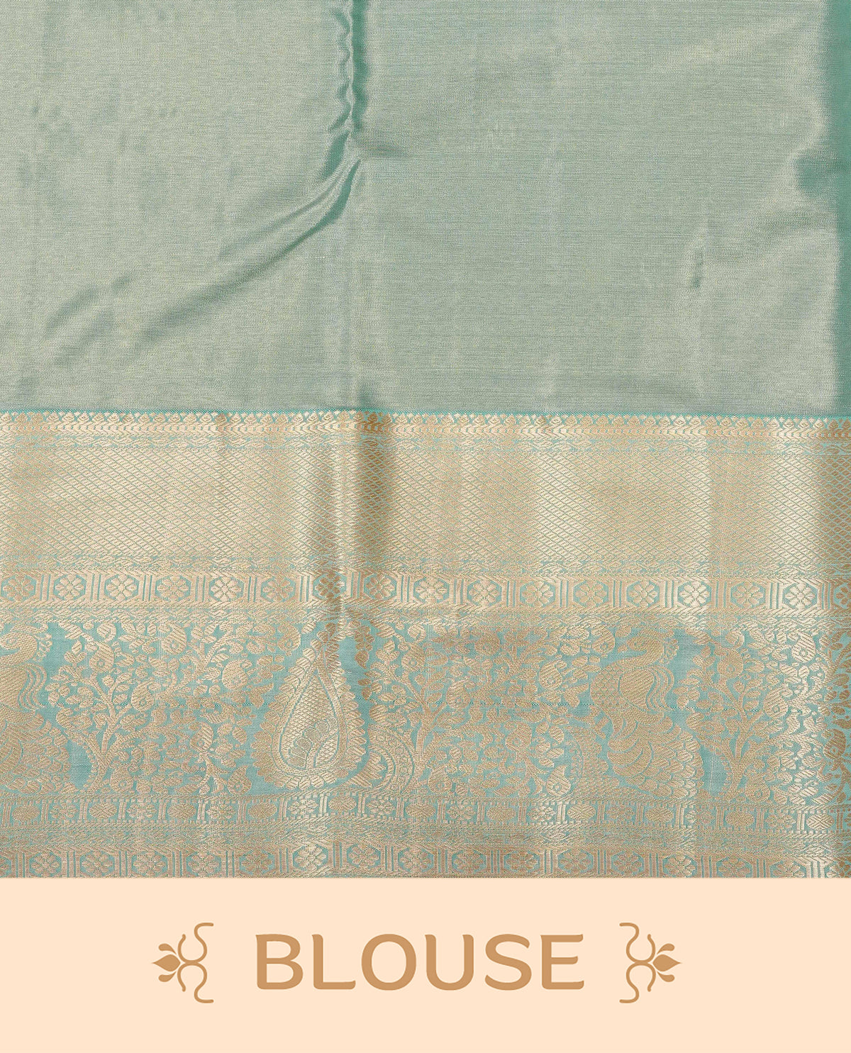 Aqua Blue colour Semi Tissue Silk Saree featuring gold zari floral kodi Works on the body, complemented by an intricately woven gold zari pallu, a rich self-coloured border with gold zari work, and paired with a matching plain blouse piece.