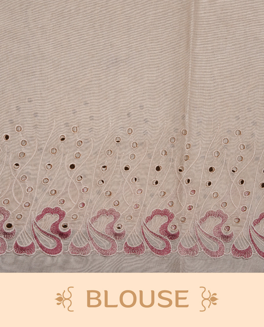 Beige colour Tussar silk saree featuring Elegant plain body, highlighting Mauve colour thread worked scalp border, pallu and paired with matching blouse piece.