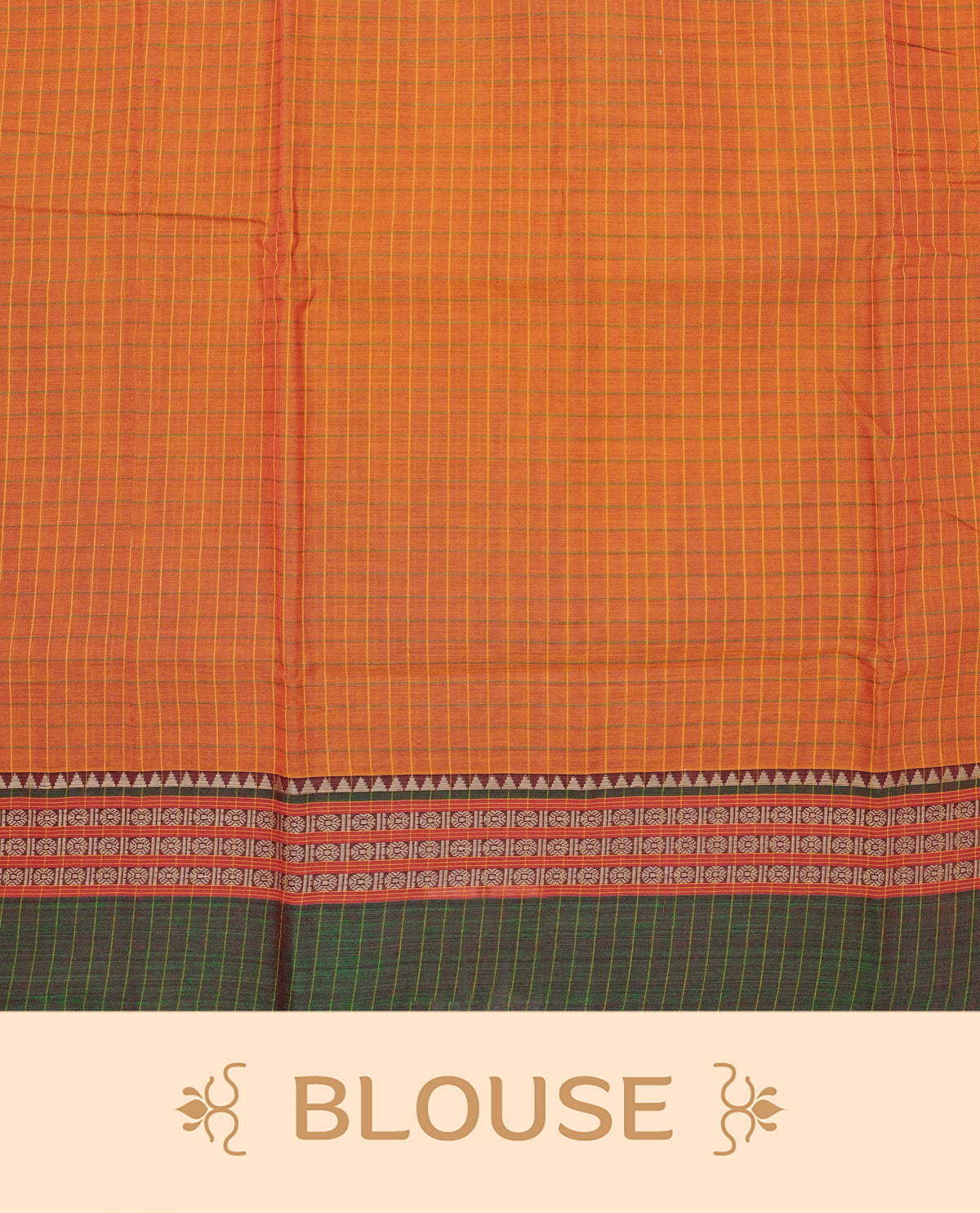 Orange  colour Narayanapattu Cotton Saree  featuring with a checked body, contrast grey temple design in green border, Contrast striped pallu, Paired with a matching blouse piece.