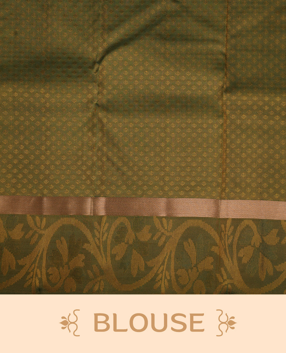Rust orange colour soft silk saree featuring gold zari motifs on the body, complemented by a contrast Green traditional zari floral kodi border and pallu, paired with a matching blouse piece.