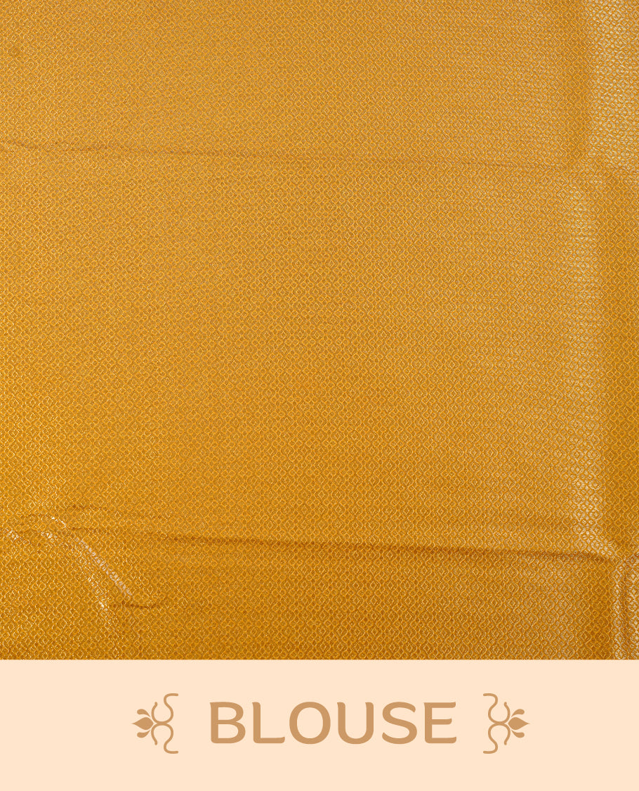 Yellow colour soft silk saree featuring gold zari pattern on body, complemented by self colour with traditional border, paired with matching blouse piece.