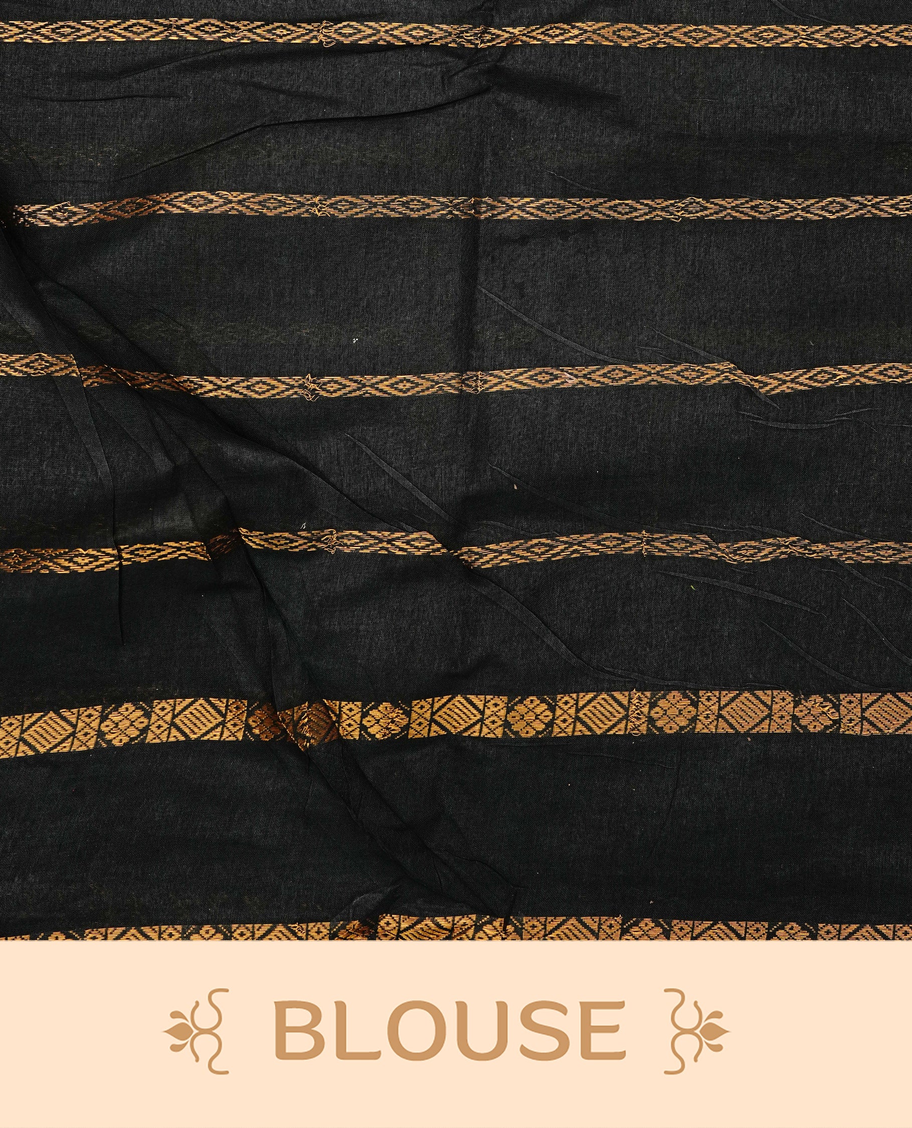 Green Sungudi cotton saree featuring elegant gold zari stripes on the body, complemented by a contrast black with gold zari border and pallu, paired with a matching blouse piece