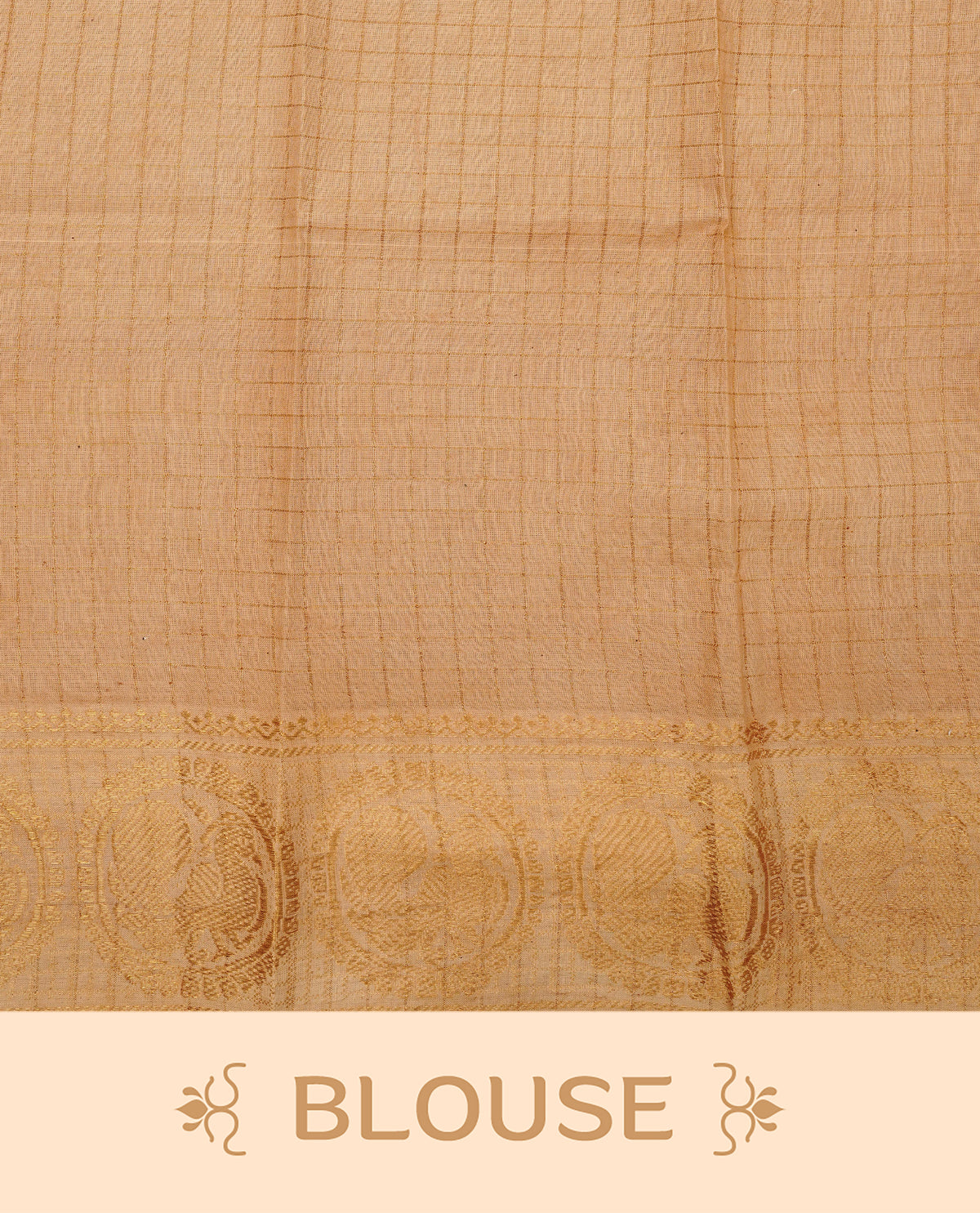 Dark Brown colour Sungudi cotton saree featuring elegant gold zari checks across the body, complemented by a contrast gold zari border. Comes with a matching blouse piece.