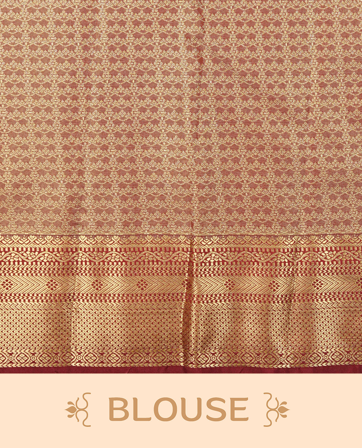 Light Gold colour Semi Tissue Silk Saree featuring gold zari Works on the body, complemented by an intricately woven gold zari pallu, a rich Maroon border with gold zari work and paired with a matching plain blouse piece.