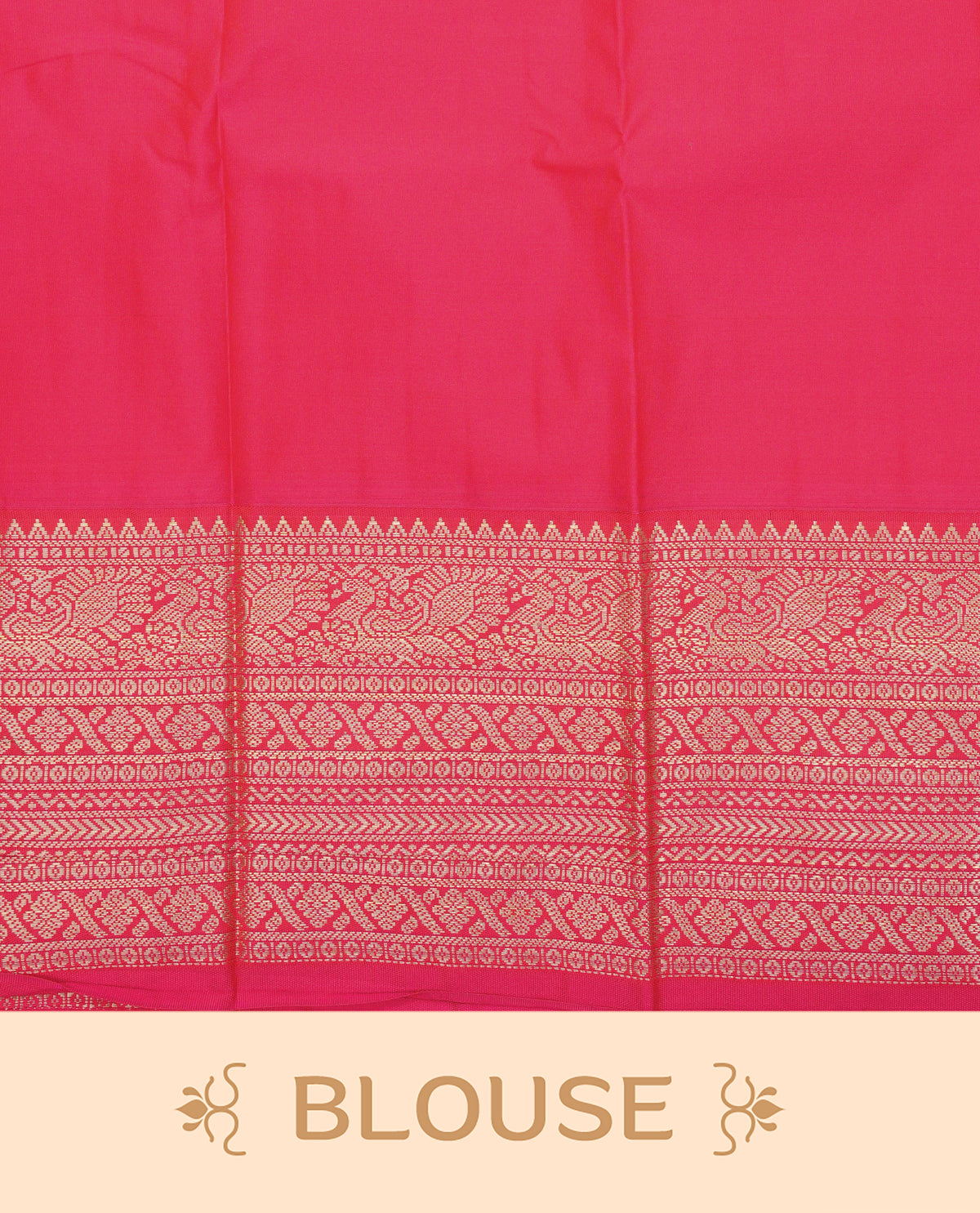 Dark green colour soft silk saree featuring gold zari checks with floral motifs on body, contrast rani pink colour gold zari traditional border, grand pallu comes with matching blouse piece.