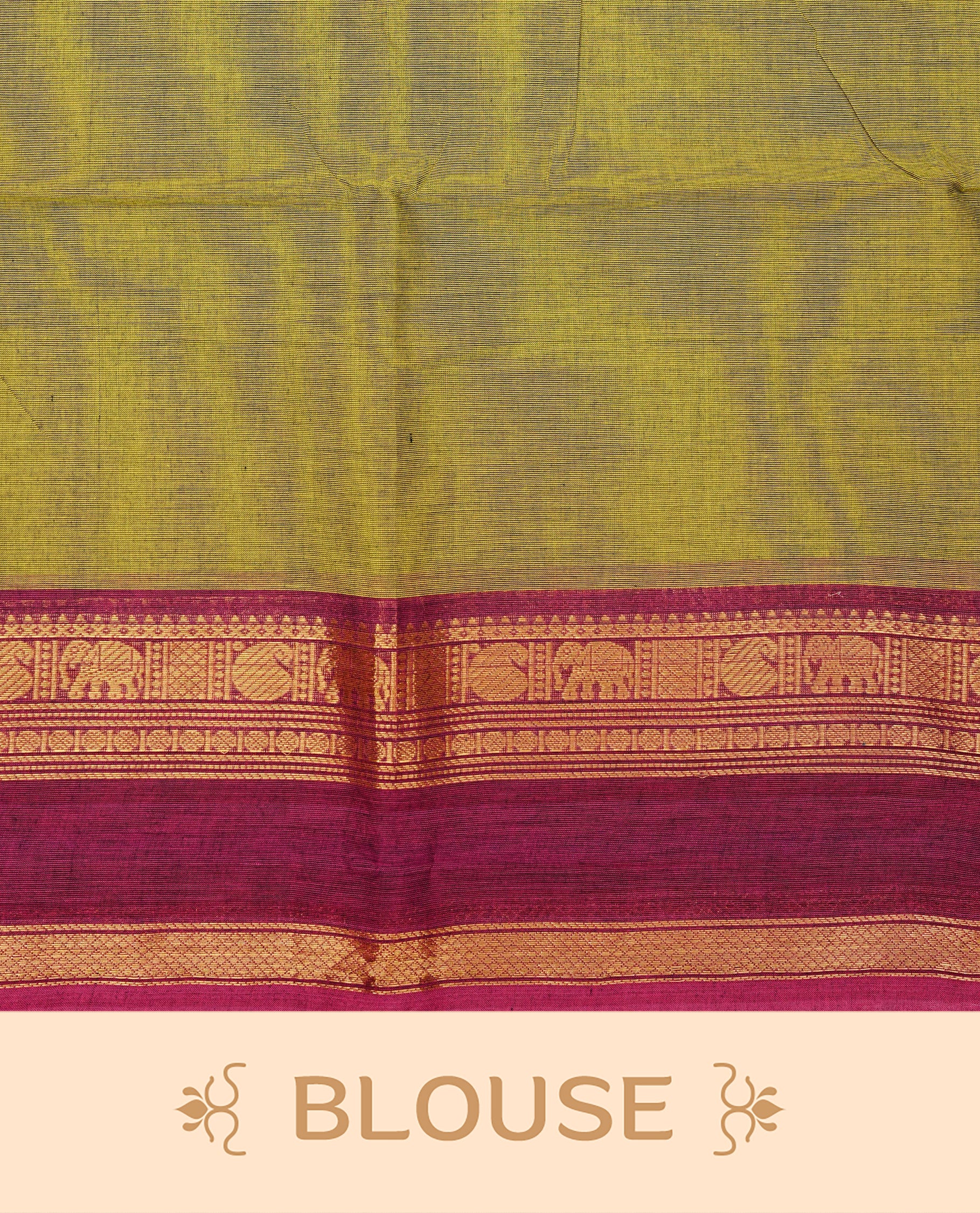 Olive green colour chettinad cotton saree featuring elegant plain body, Contrast magenta colour with Gold zari border, comes with matching blouse piece.