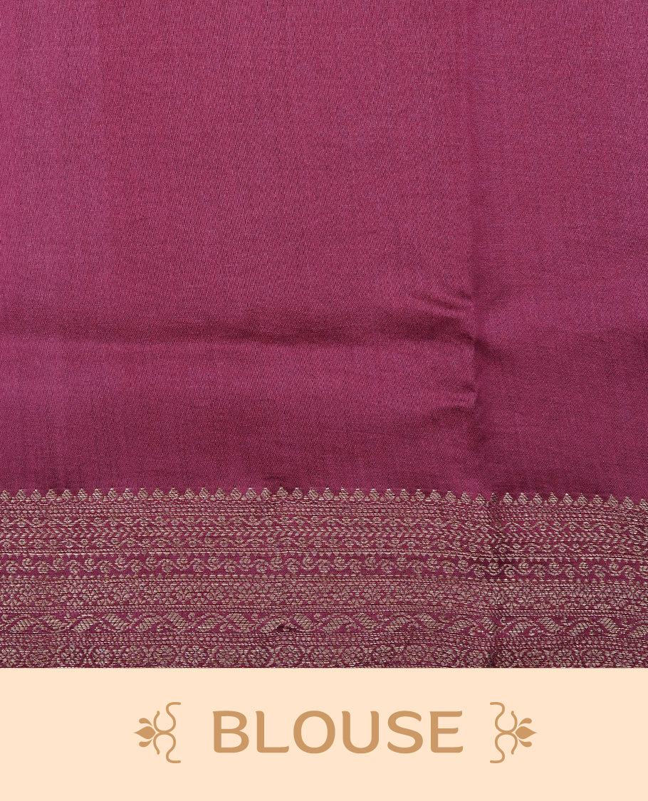Pastel Orchid Pink Colour Tussar Silk saree with elegant antique zari floral motifs On Body , a contrasting magenta zari border, a rich zari pallu, Paired With a matching blouse piece.