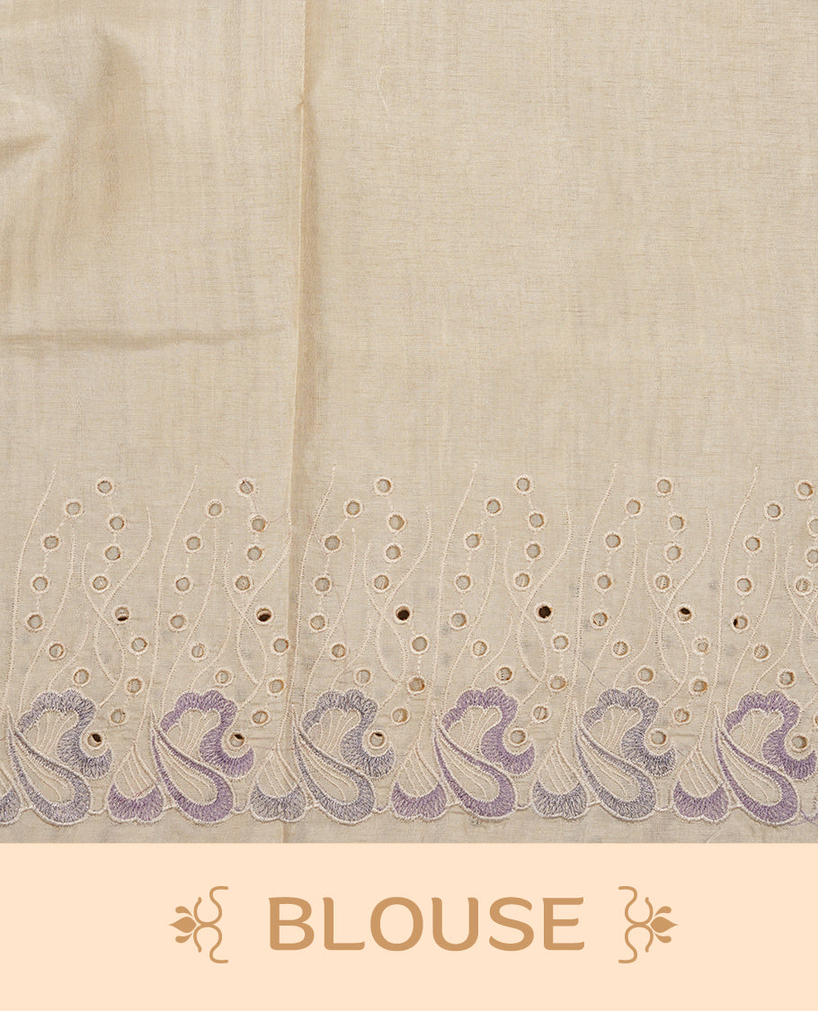 Beige colour Tussar silk saree featuring Elegant plain body, highlighting Lavender colour thread worked scalp border, pallu and paired with matching blouse piece.