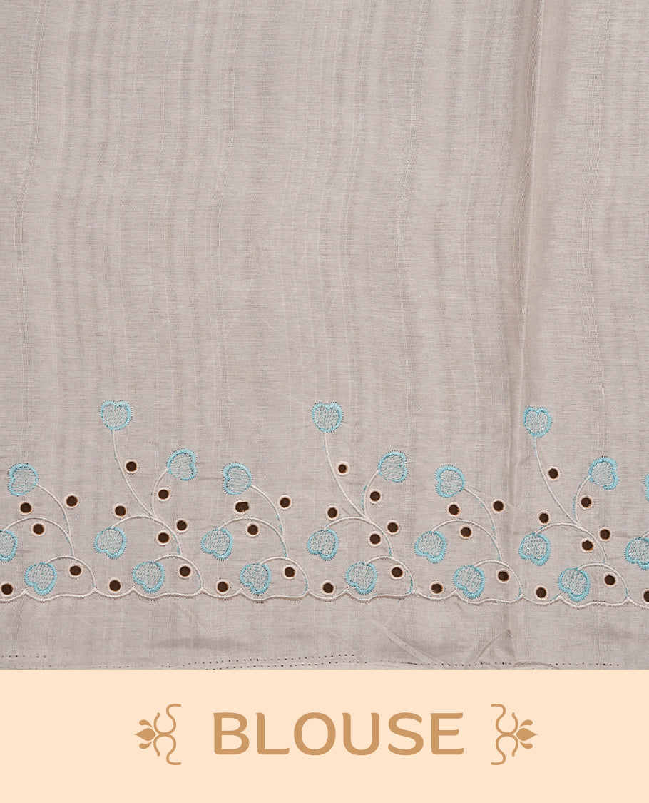 Beige colour Tussar silk saree featuring Elegant plain body, highlighting Blue colour thread floral kodi worked scalp border, pallu and paired with matching blouse piece.
