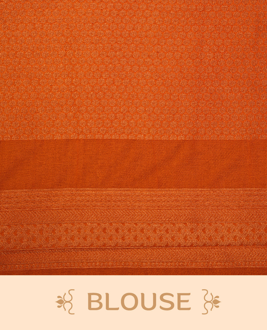 Orange colour softie silk saree featuring square dotted stripes across body, complemented by self colour with traditional border, paired with matching blouse piece.