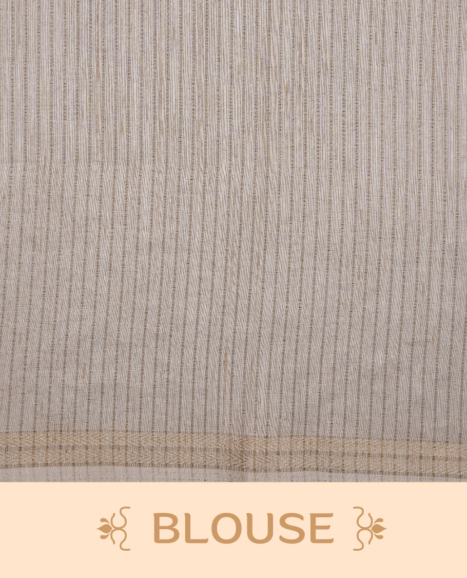 Beige colour Tussar silk saree featuring Elegant plain body, highlighting Purple colour cut work with gold zari border, pallu and paired with matching blouse piece.