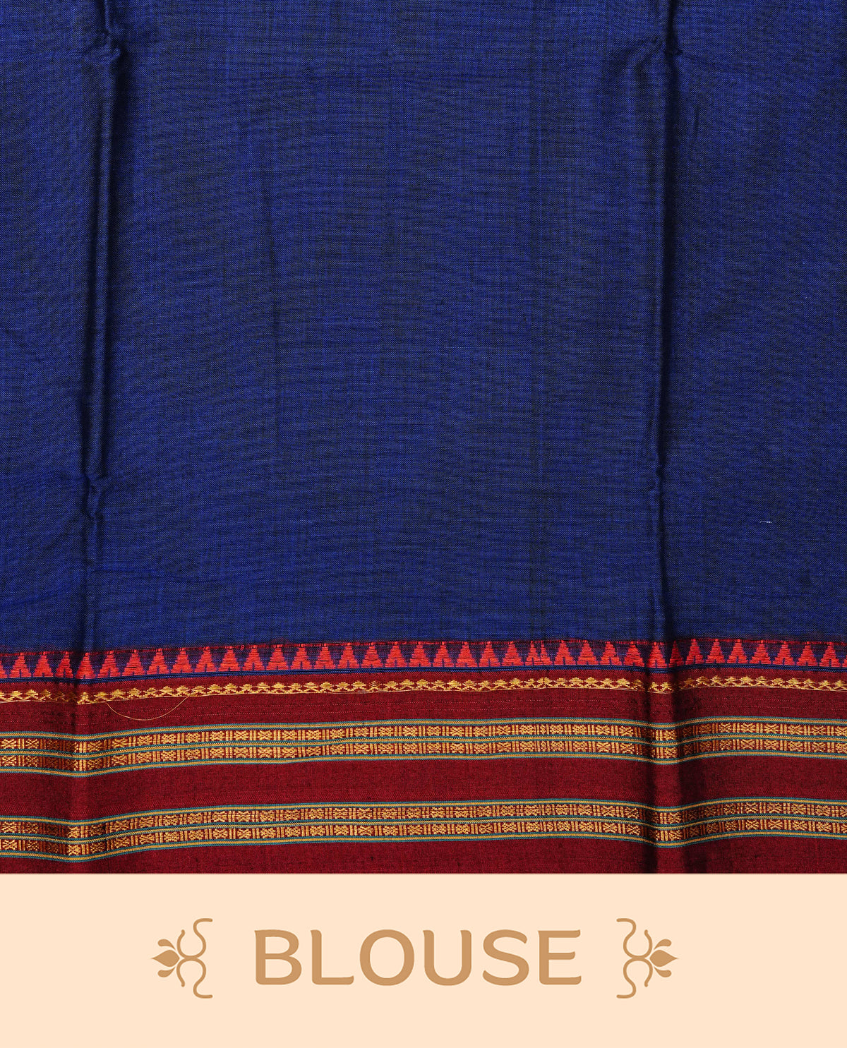 Blue colour Narayanapattu cotton saree with a plain body, complemented by a Maroon colour with elegant gold zari detailing border & contrast striped pallu, paired with a matching blouse piece.