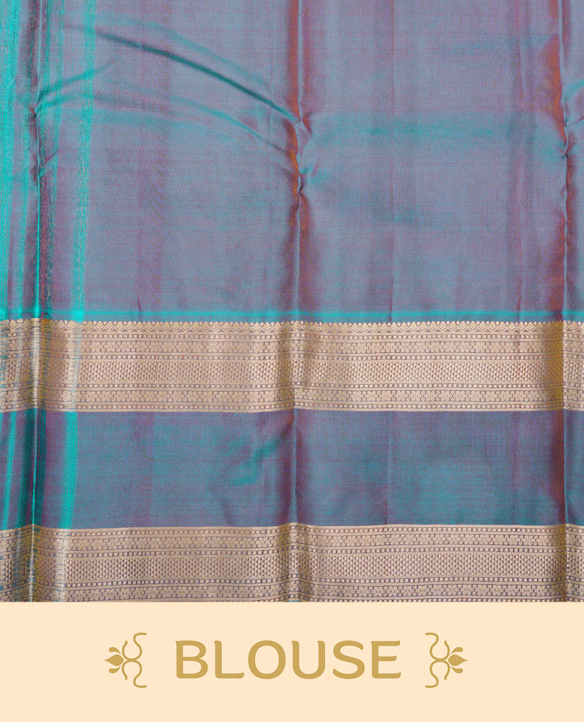 Violet Dual shade colour Traditional Kancheepuram Silk Saree with Elegant Gold Zari Buttas on the Body, Enhanced with a Contrast teal With dual shade Gold Zari Border and  Pallu, Paired with a Matching Blouse Piece.