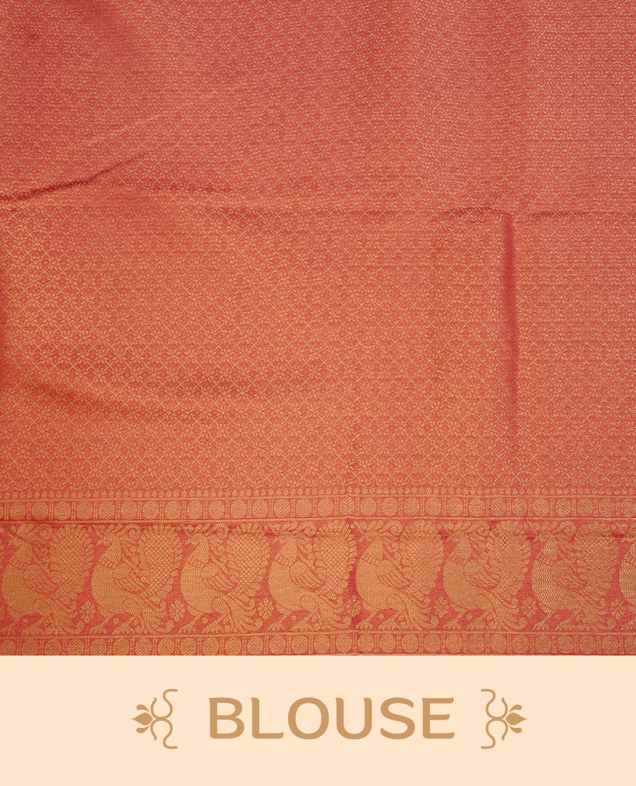 Mauve colour soft silk saree featuring gold zari pattern on body, complemented by self colour with traditional border, paired with matching blouse piece.