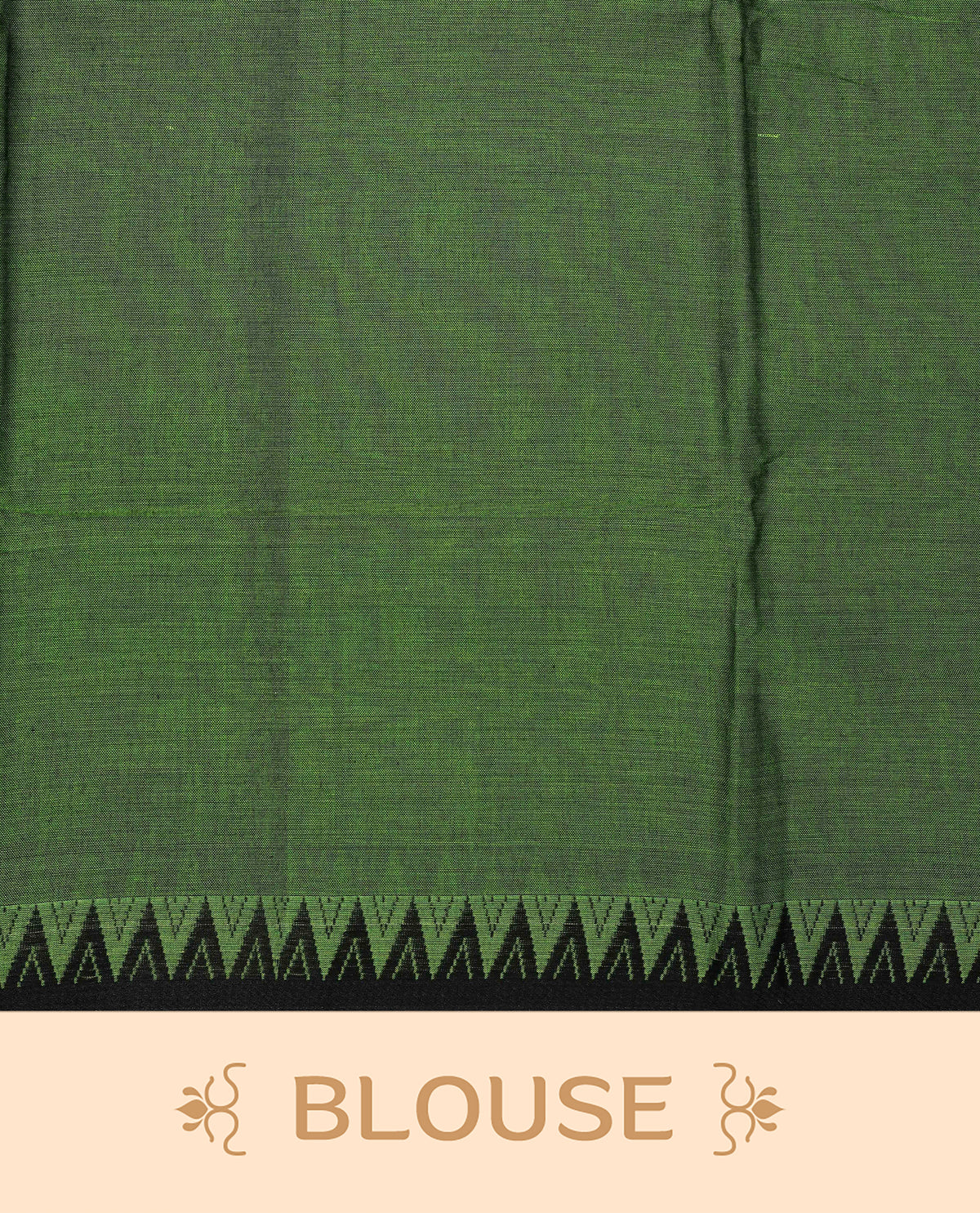 Green colour Narayanapattu cotton saree with a plain body, complemented by a Black colour with Black temple designed border & contrast pallu, paired with a matching blouse piece.