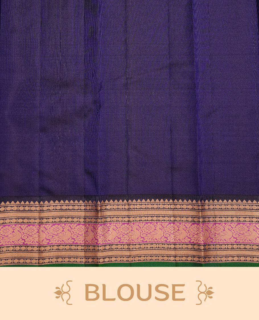 Reddish orange colour traditional kancheepuram silk saree featuring gold zari check pattern on body, complemented by contrast multicolour with gold zari traditional border, paired with matching blouse piece.