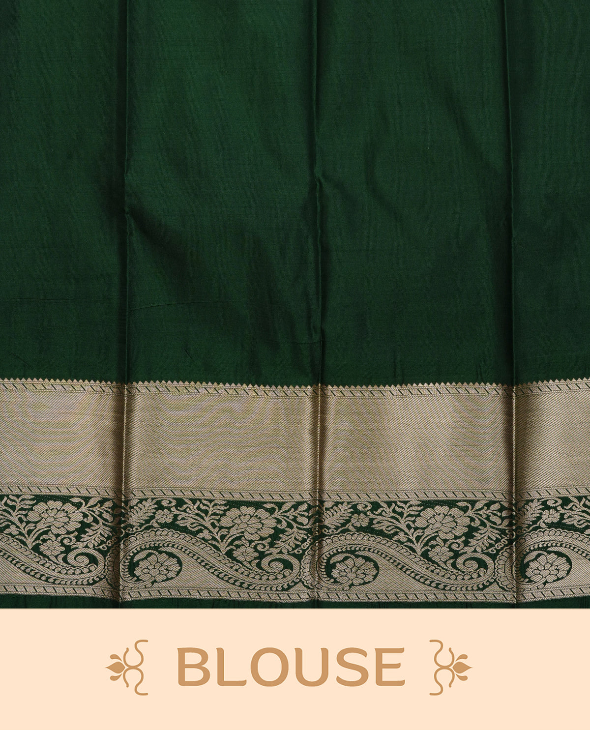 Off white colour silk saree featuring gold zari floral patterns on body, contrast dark green with gold zari traditional border, contrast grand pallu comes with matching blouse piece .