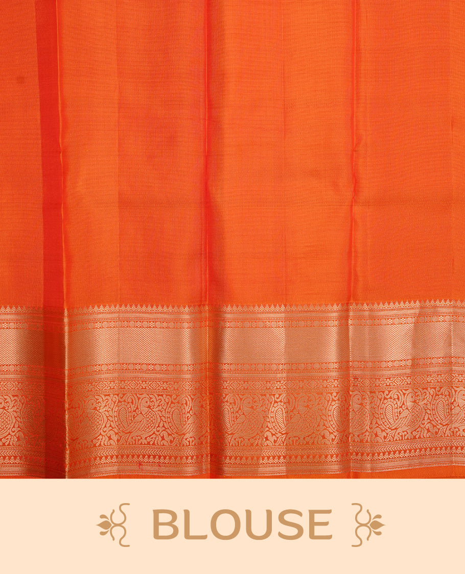 Orange colour traditional kancheepuram silk saree featuring gold zari check pattern on body, complemented by self colour with gold zari traditional border, paired with matching blouse piece.