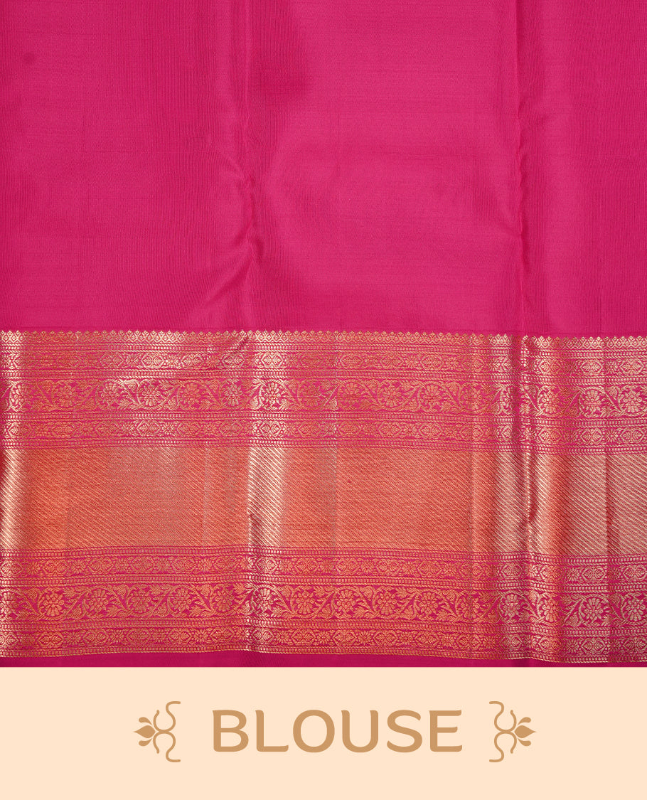 Rani pink colour kancheepuram silk saree featuring gold zari floral kodi pattern on body, complemented by self colour with traditional border, paired with matching blouse piece.