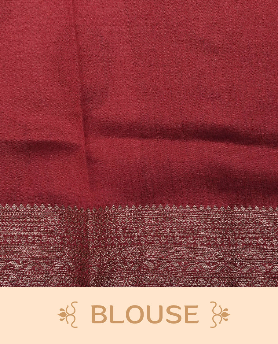 Blush pink  Colour Tussar Silk saree with elegant antique zari floral motifs On Body, a contrasting Maroon zari border, a rich zari pallu, Paired With a matching  blouse piece.